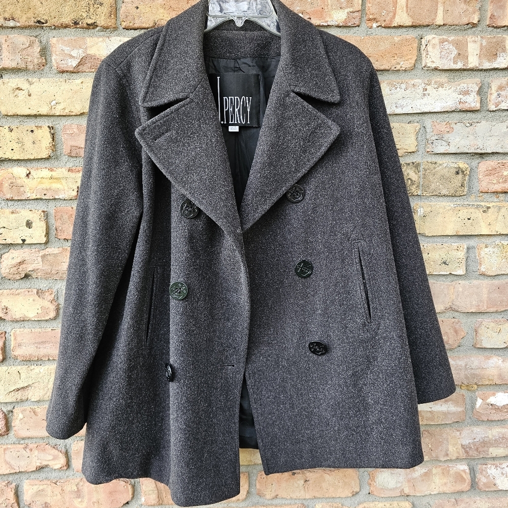 J Percy Merino Wool Double Breasted Dark Gray Pea Coat